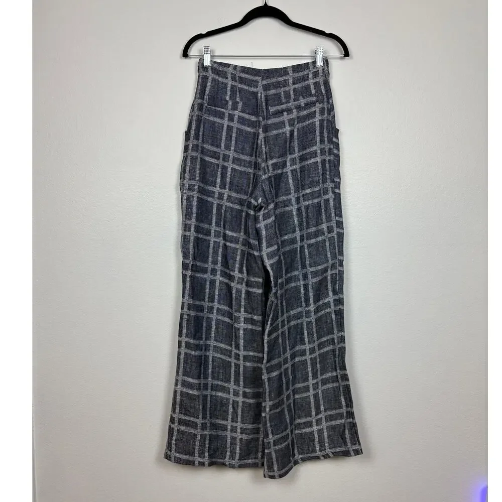 NWT Eva Franco Hepburn Wide Leg Indigo Plaid High Rise Linen Pants 2 - Picture 3 of 5